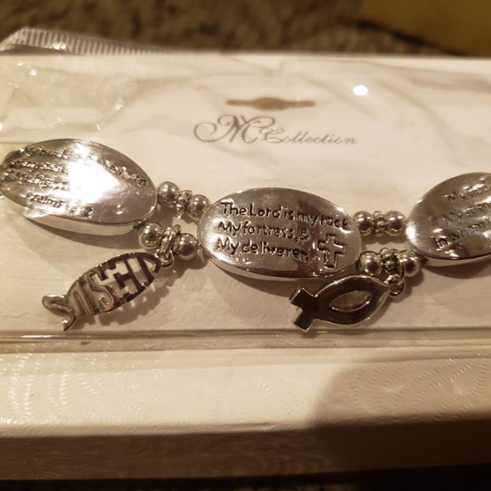 Stretchy Silver Charm Bracelet with Bible Verses